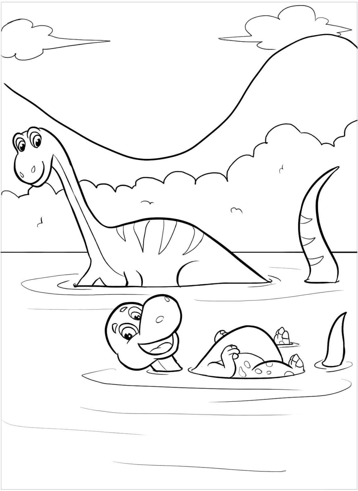 Omalovánka Dinosaur and baby Dinosaur Swimming