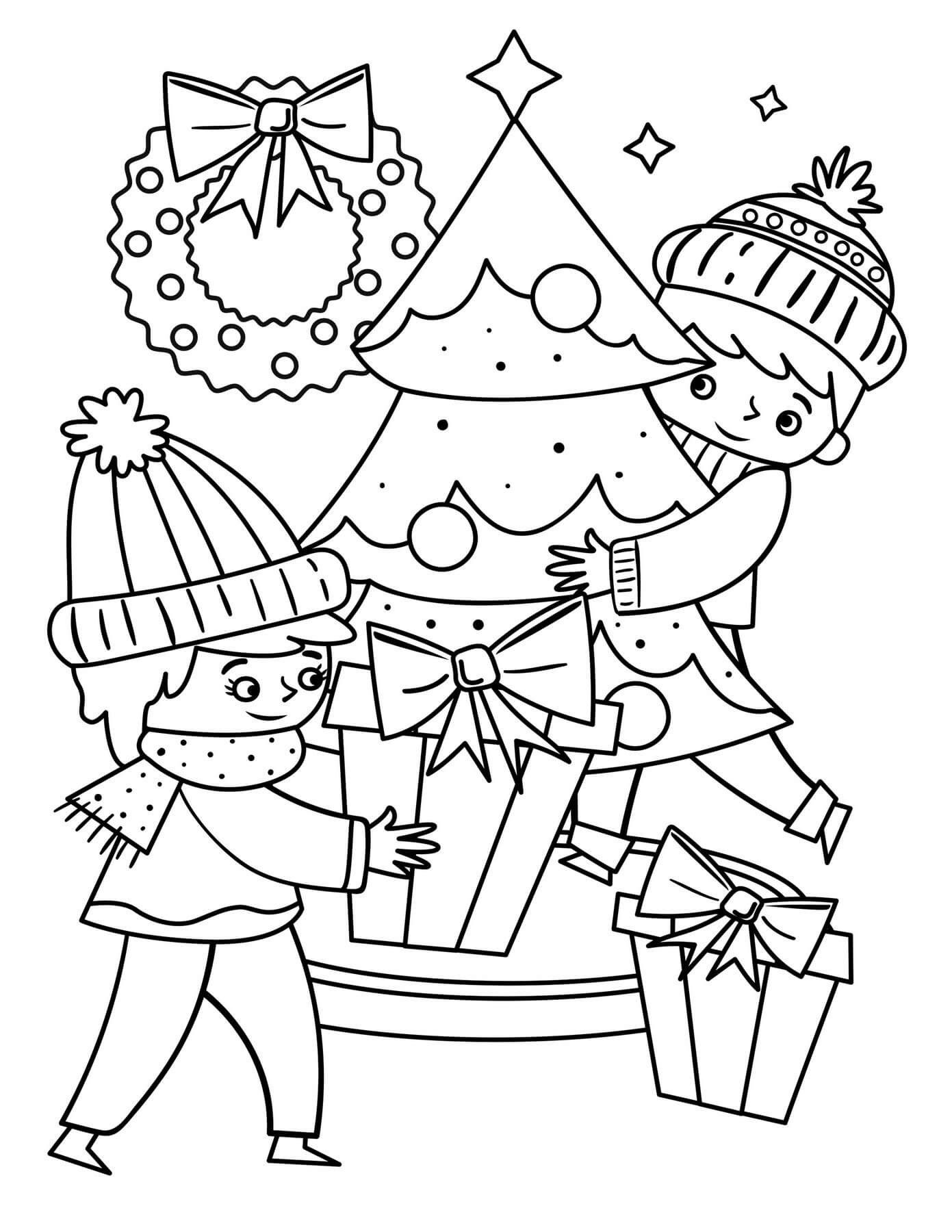 Dva Chlapci s Vánoční Stromeček a Dárkové Krabičky omalovánka