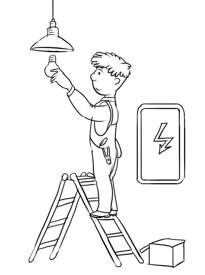 Elektrikář Leze Nahoru, Aby Nainstaloval žárovku omalovánka