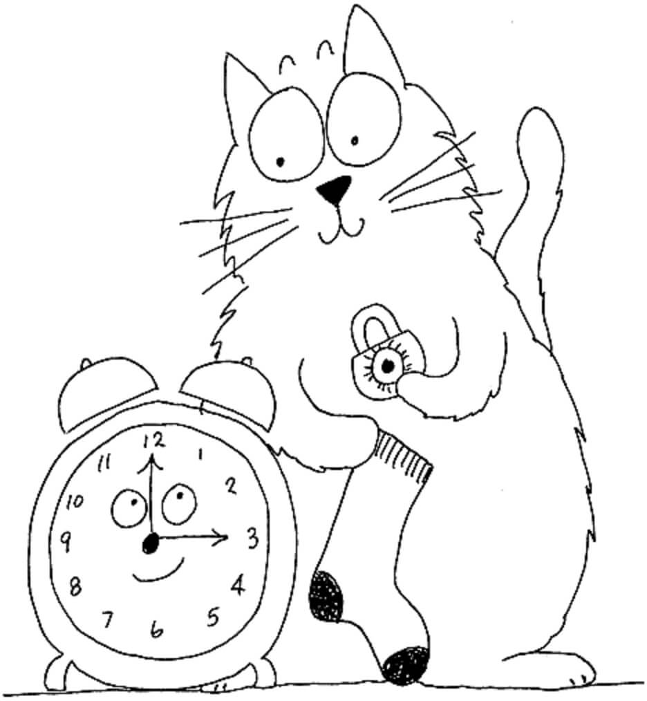 Kočka s hodinami omalovánka