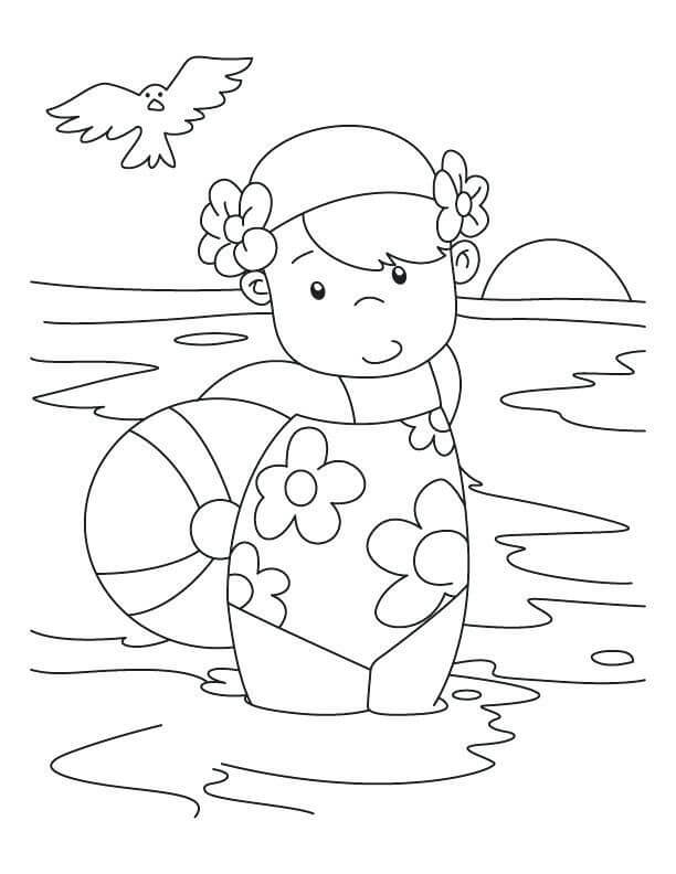 Omalovánka Little Girl at Beach Swimming