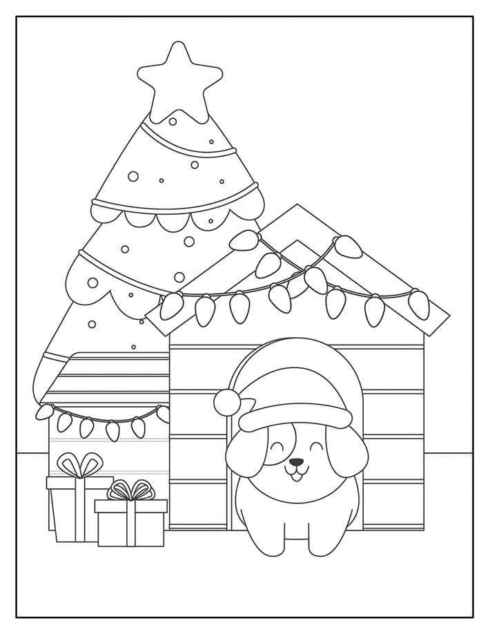 Omalovánka Roztomilé štěně s Psím Domem a Vánočním Stromkem