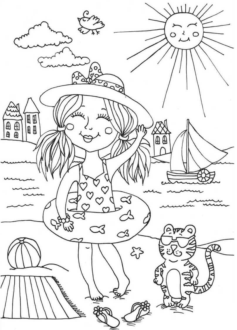 Omalovánka Smiling Girl and Cat in the Sea to Swimming