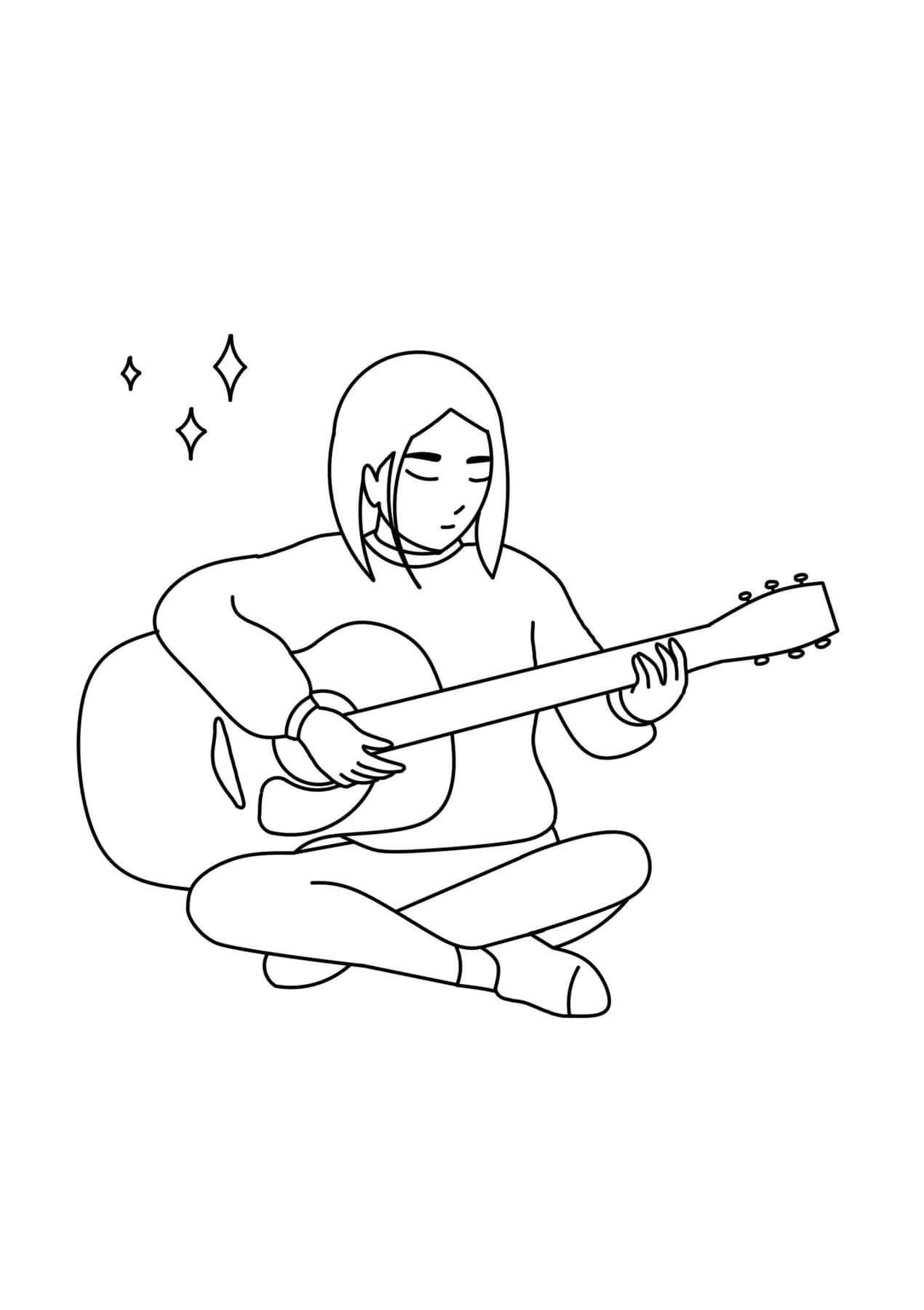 Anime Dívka Hrající na Akustickou Kytaru omalovánka