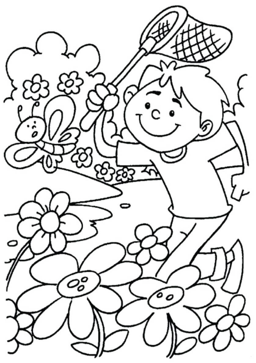 Dítě s motýlem na jaře omalovánka