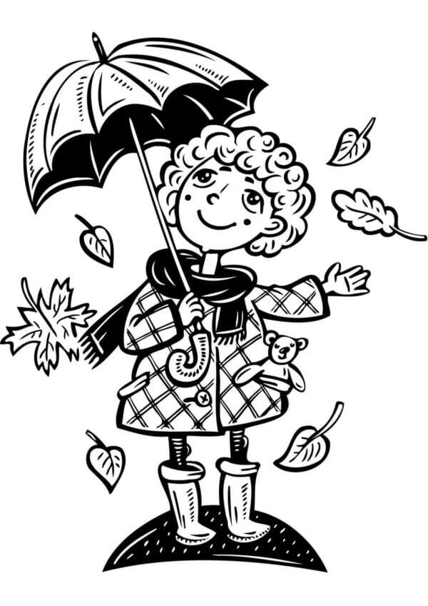 Dívka držící deštník na podzim omalovánka