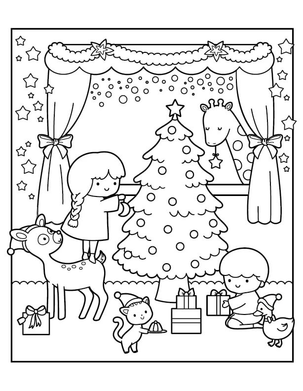 Děti a Zvířata v Rodině Vánoc omalovánka