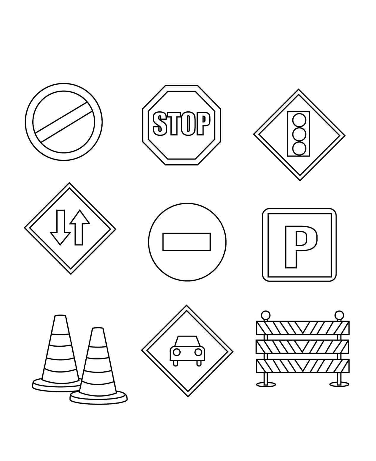 Devět pouličních značek v silniční a pouliční bezpečnosti omalovánka