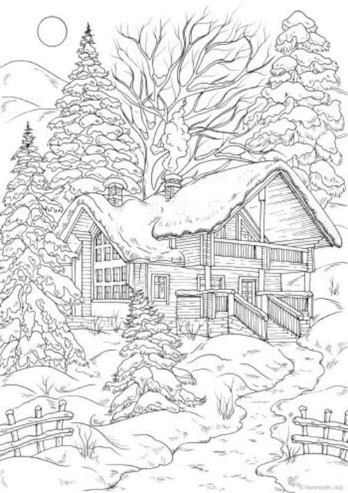 Dům mezi lesem v zimě omalovánka