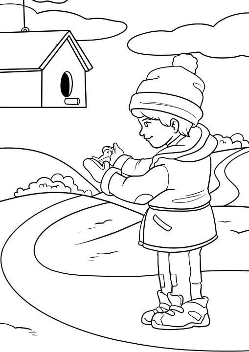 Dítě s ptákem v zimě omalovánka