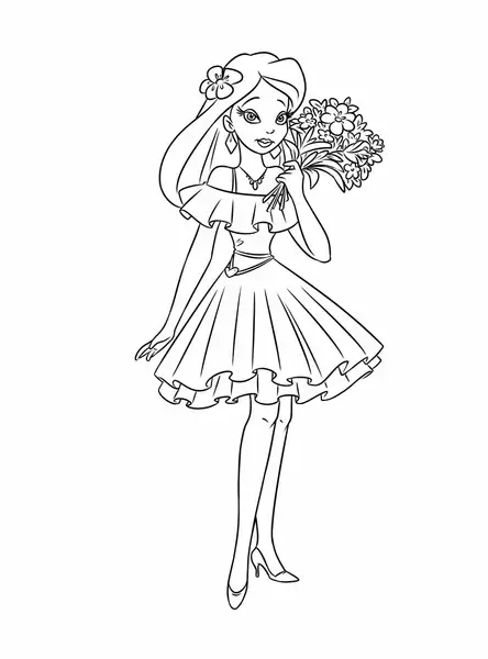 Dívka drží kytici květin omalovánka