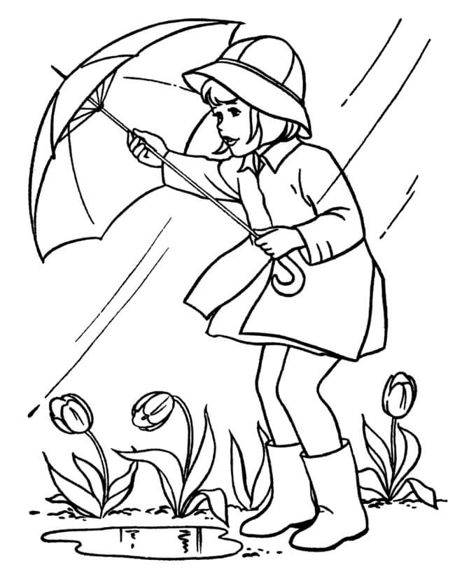 Omalovánka Dívka držící deštník na jaře