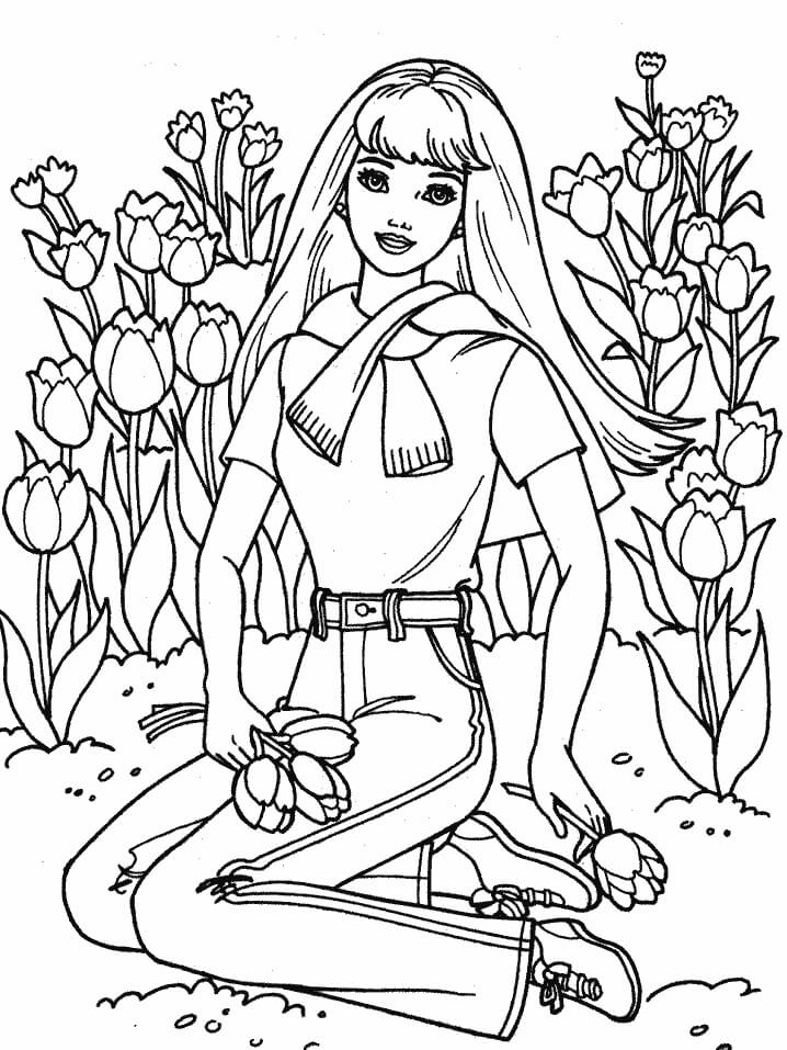 Dívka s květinovou zahradou na jaře omalovánka