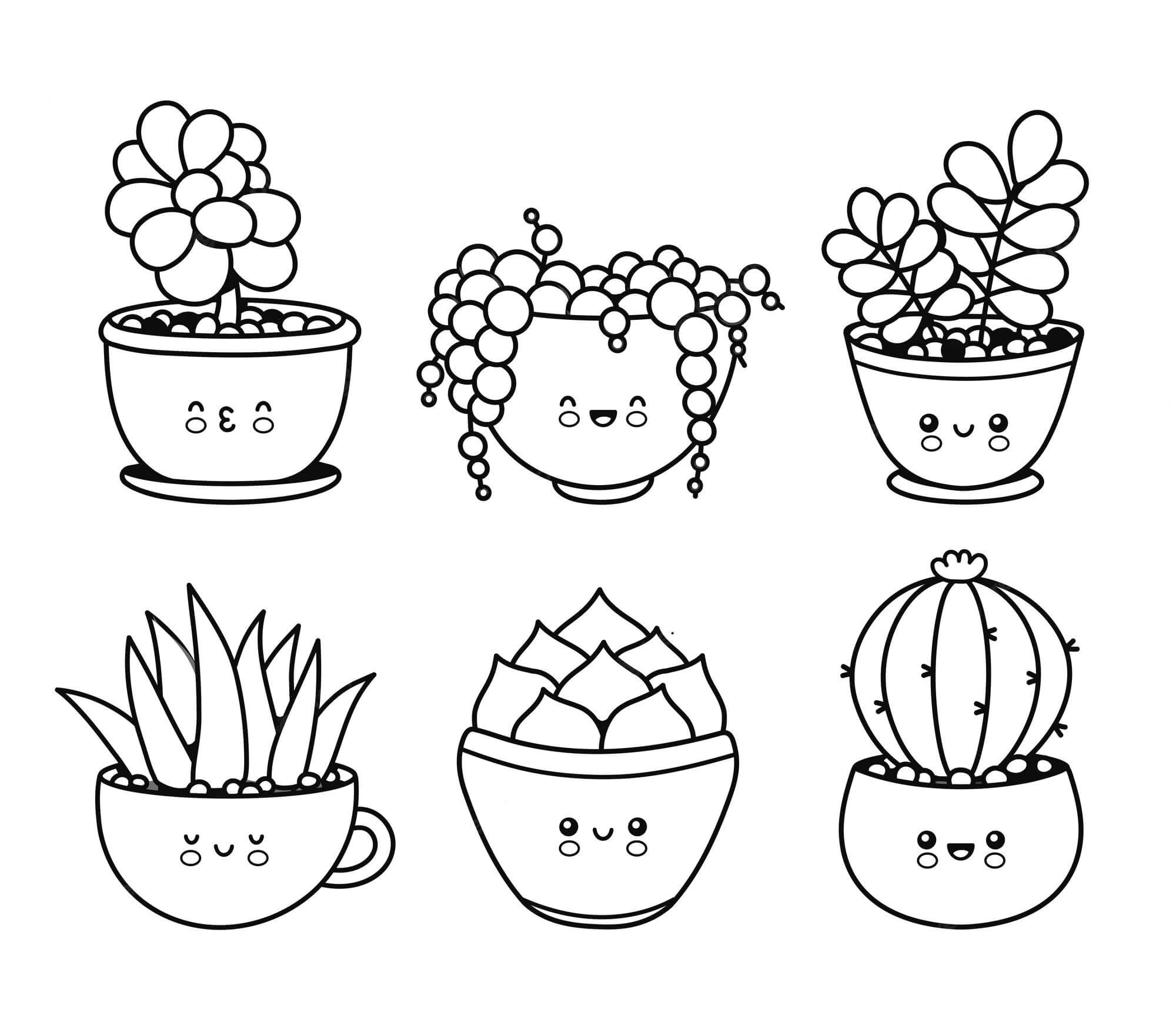 Šest roztomilých hrnkových kaktusů omalovánka