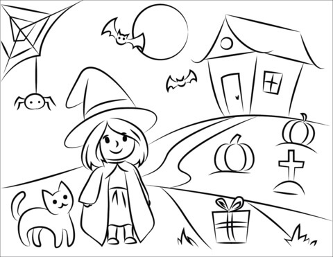 Halloween dívka kreslení omalovánka