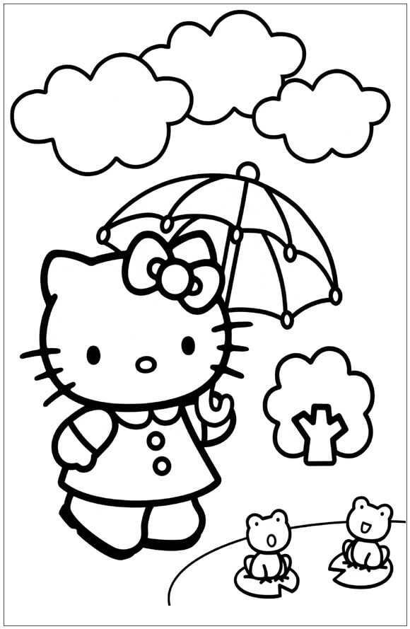 Hello Kitty drží deštník se dvěma žábami omalovánka