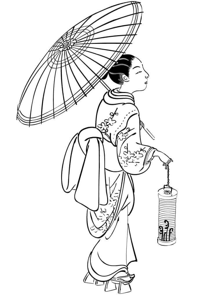 Japonsko dívka drží deštník omalovánka