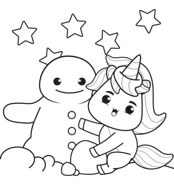Jednorožec postav sněhuláka s hvězdami omalovánka