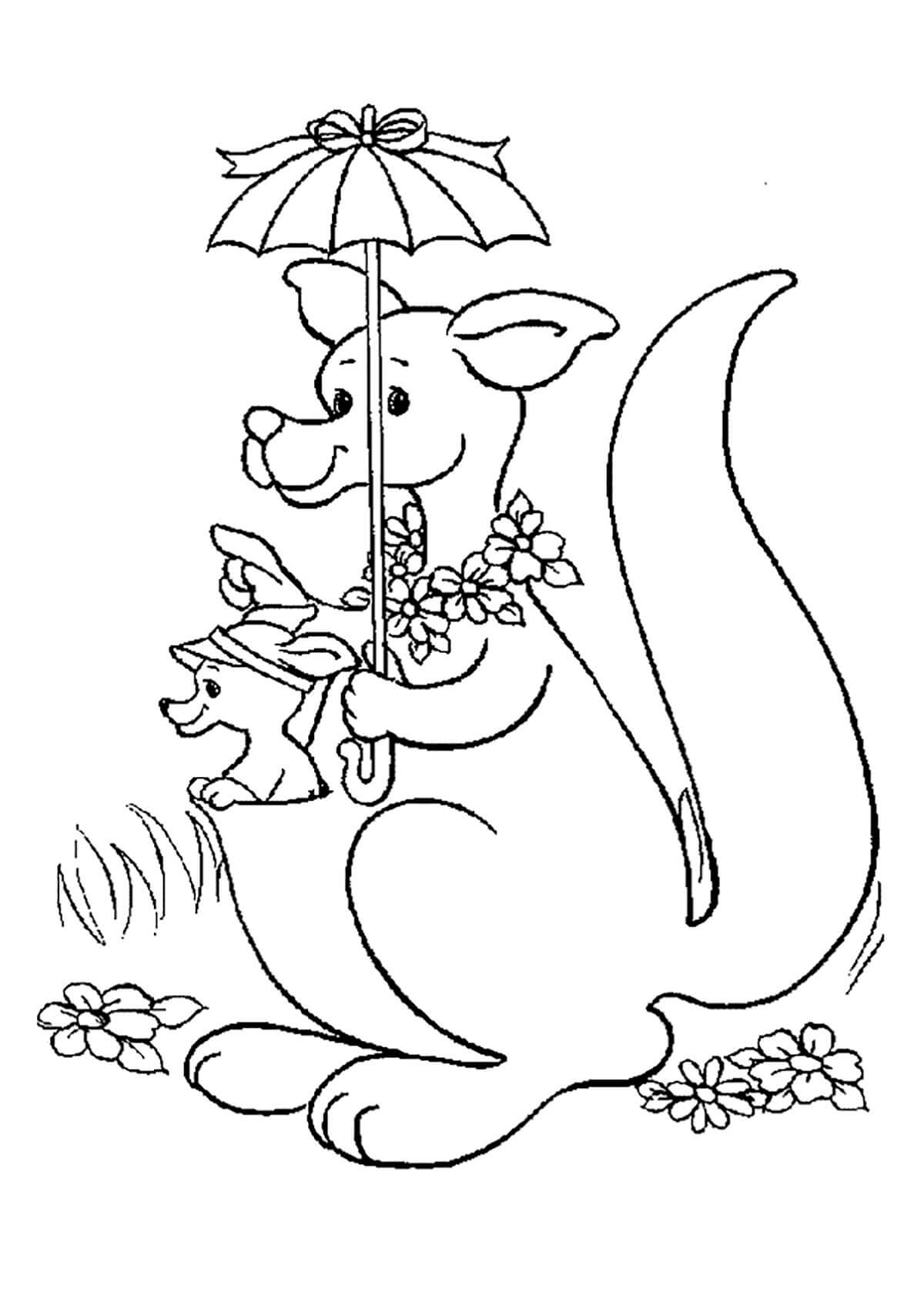 Klokan drží deštník s klokanem omalovánka
