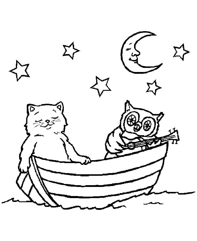 Kočka a sova na lodi omalovánka