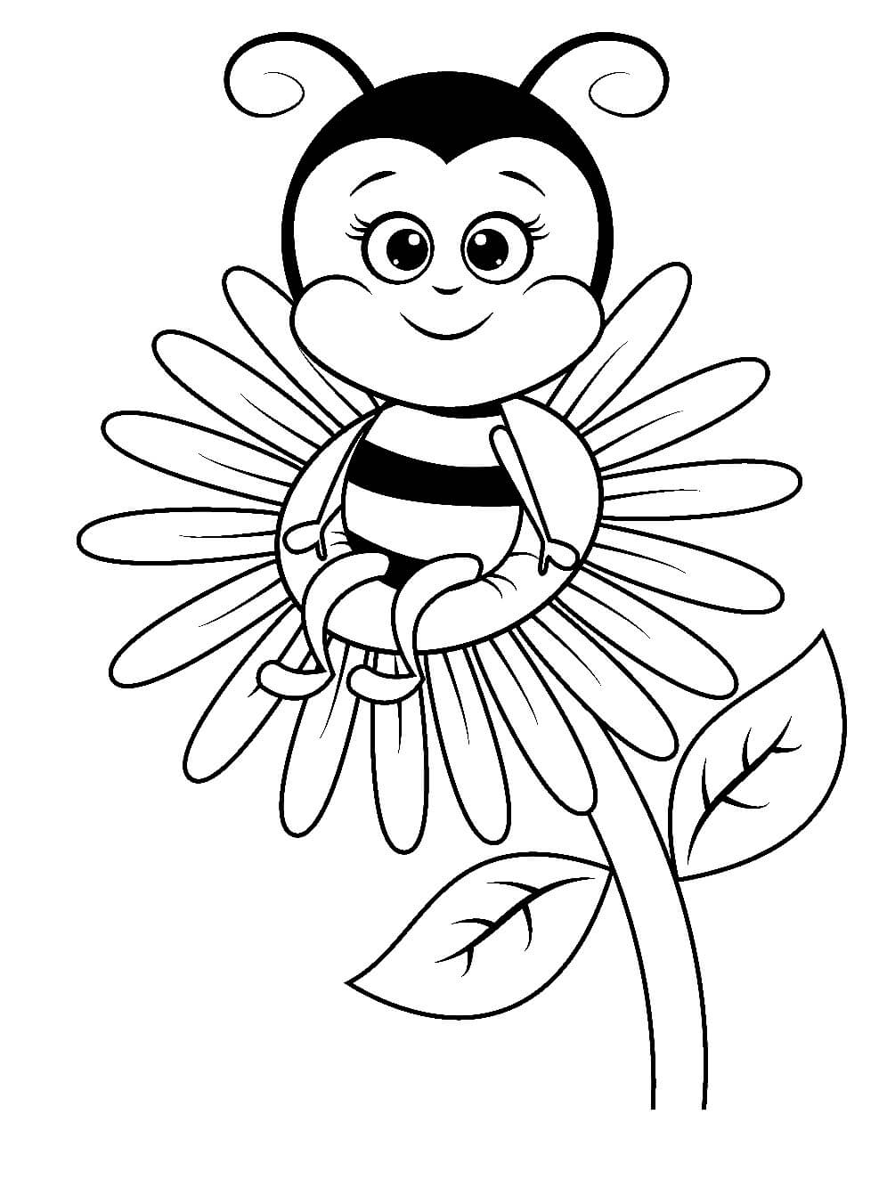 Kreslený včela sedí na květině omalovánka