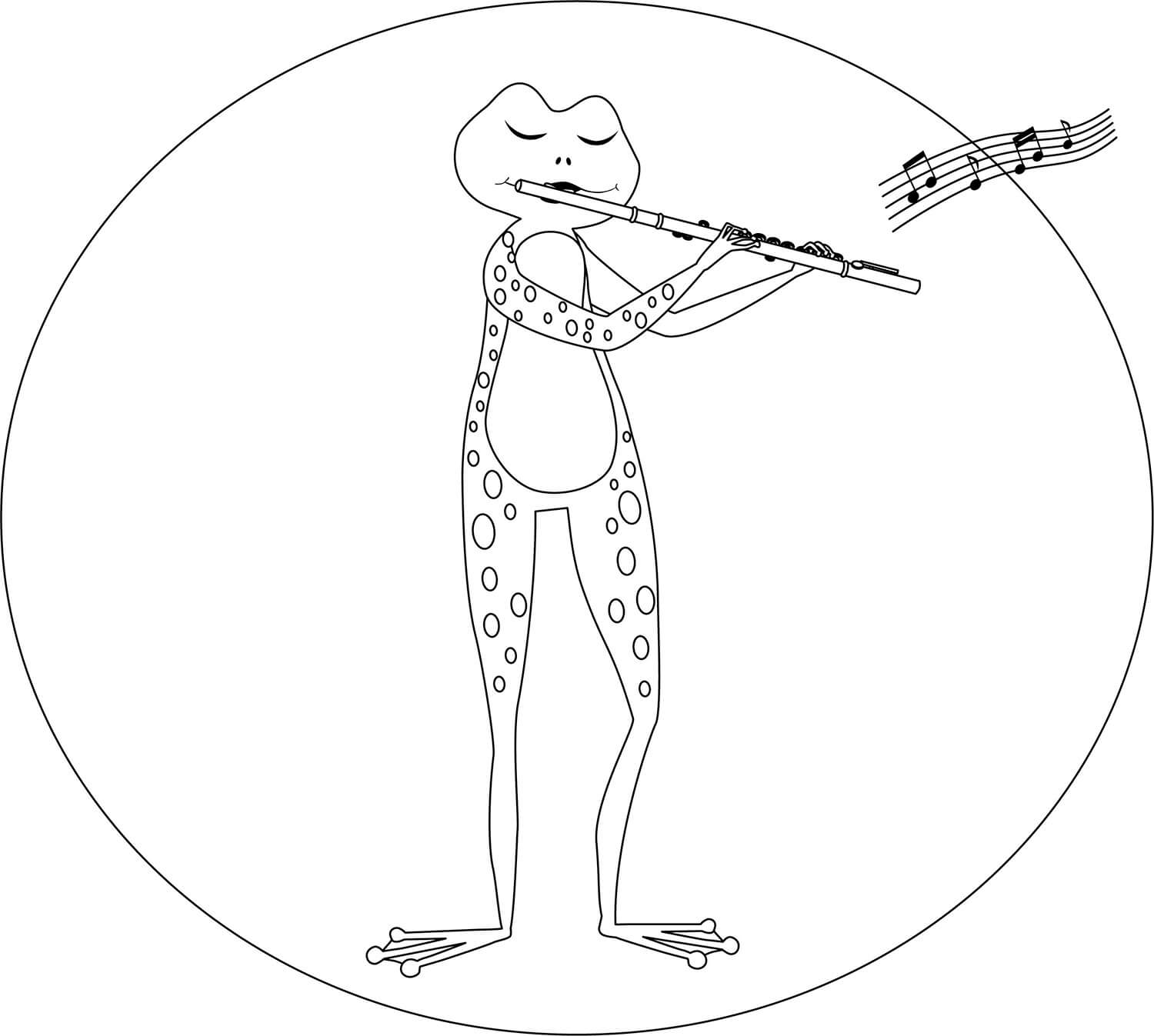 Kreslená žába hrající na flétnu omalovánka