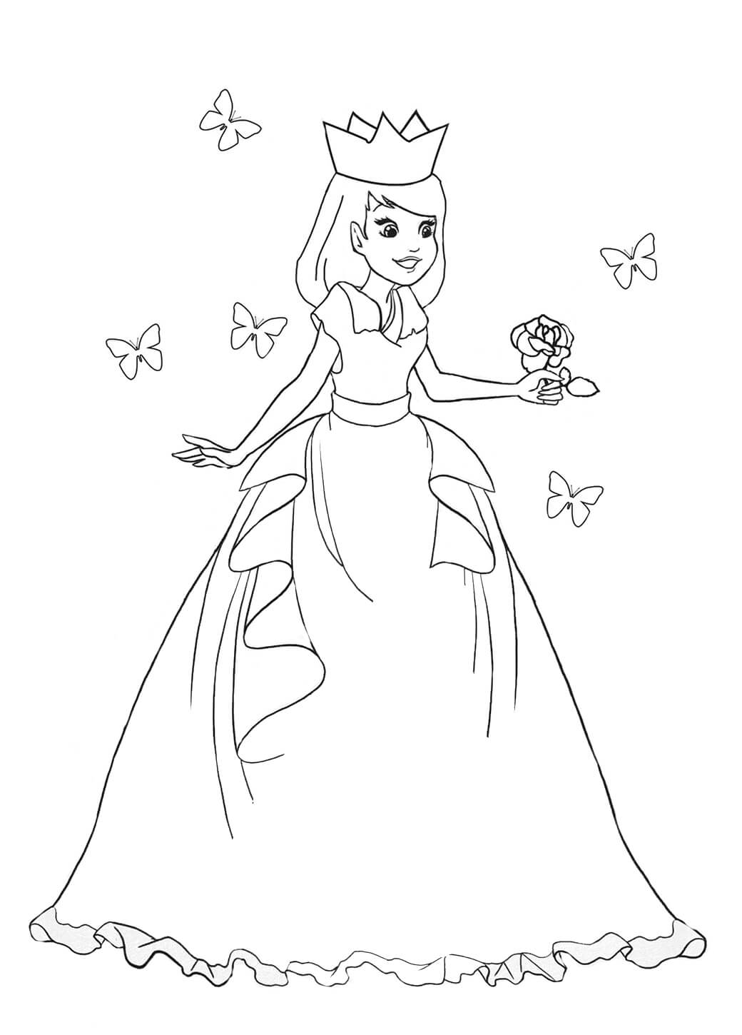 Princezna Drží Květinu s Motýly omalovánka