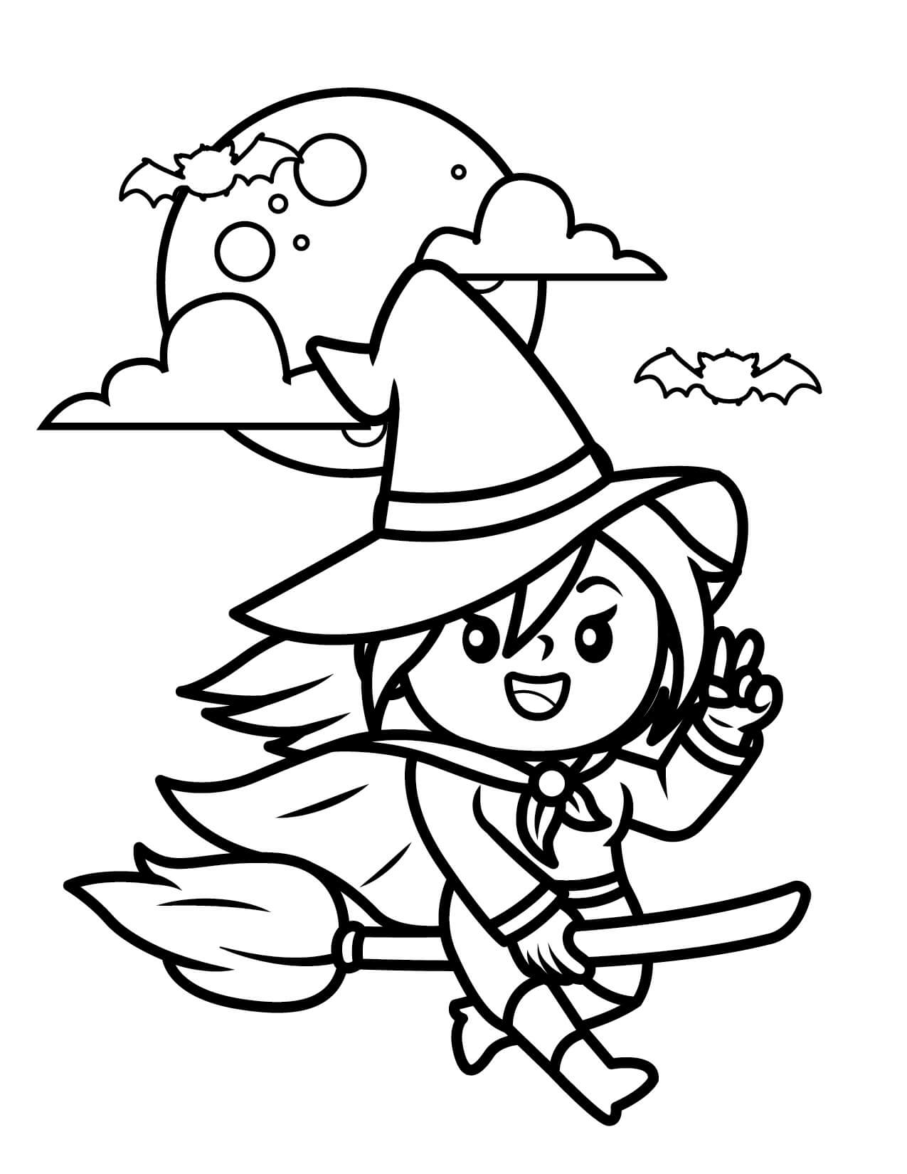 Roztomilá čarodějnice létající na Halloween omalovánka