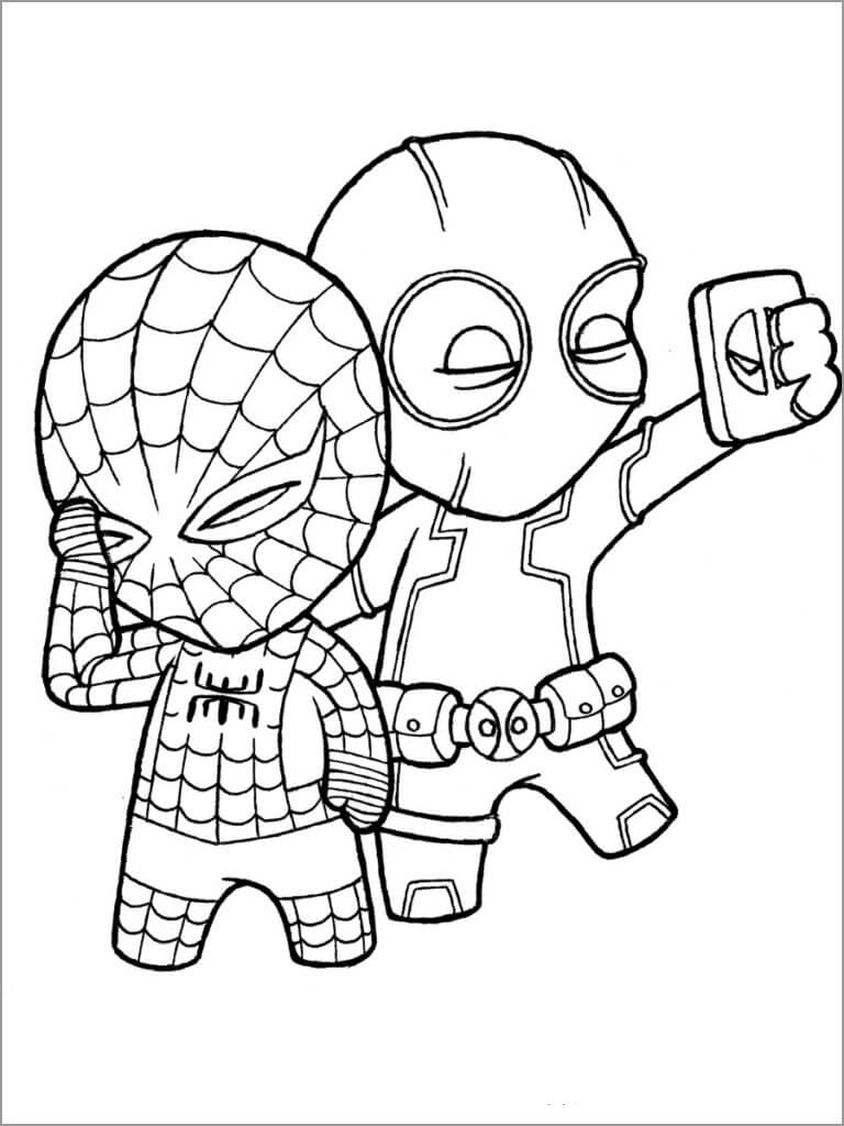 Selfie Chibi Deadpool a Spiderman omalovánka
