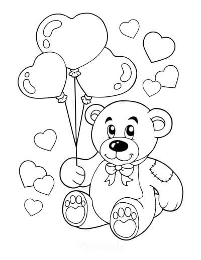 Teddy Bear drží balónky v Valentine omalovánka