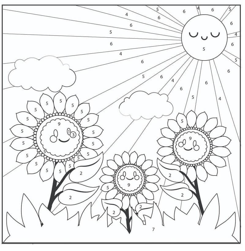 Omalovánka Tři slunečnice s barvou slunce podle čísla