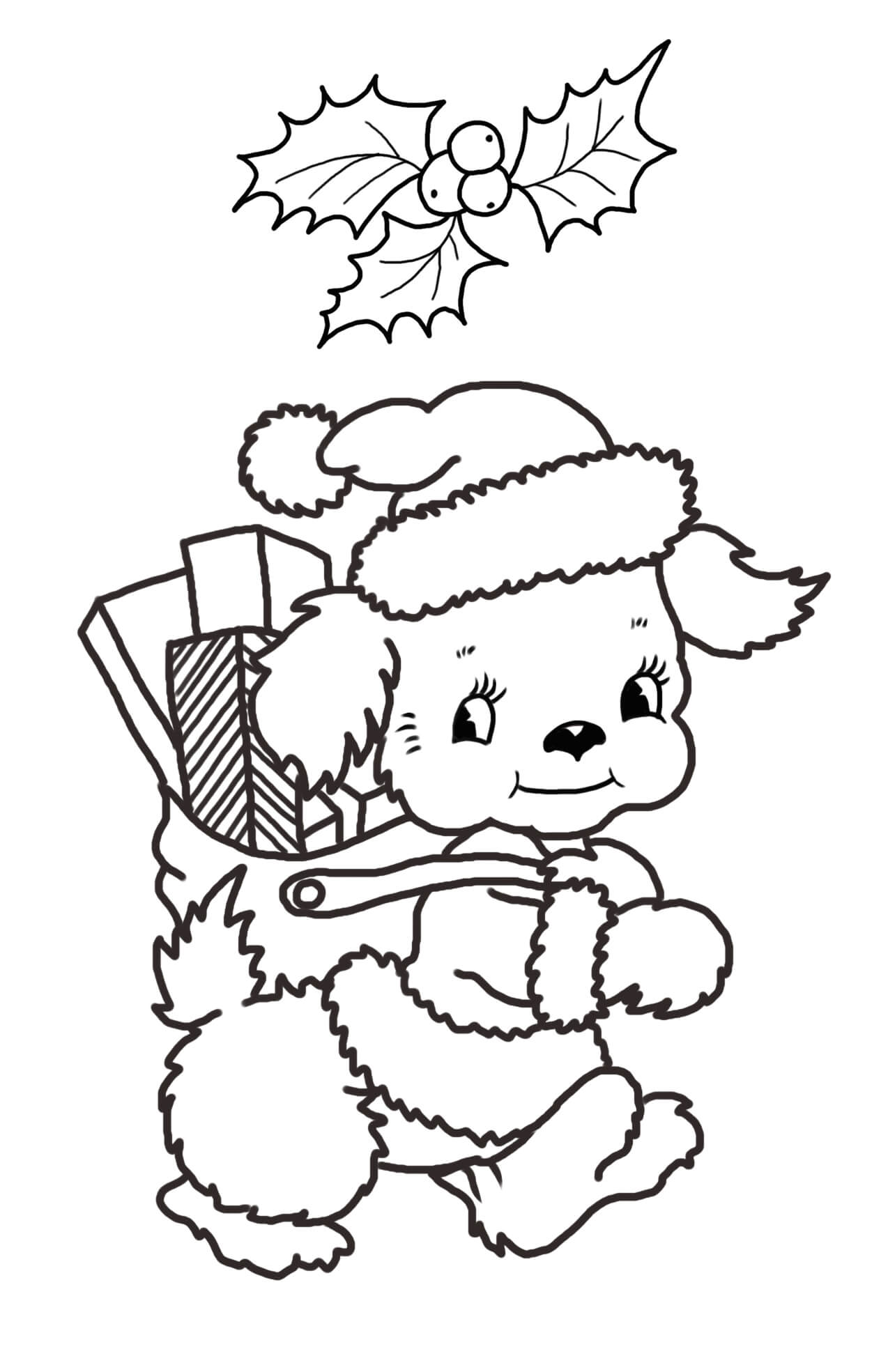 Usmívající se štěně s Dárkové Krabičky na Vánoce omalovánka