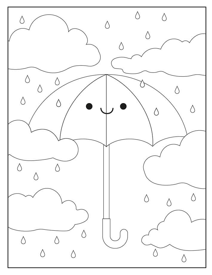 Usmívající se deštník s mraky a kapky deště omalovánka