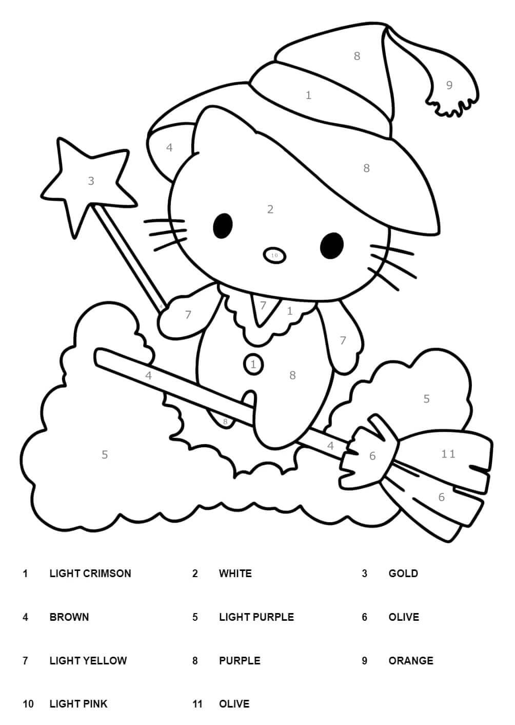 Čarodějnice Hello Kitty Barva podle čísla omalovánka