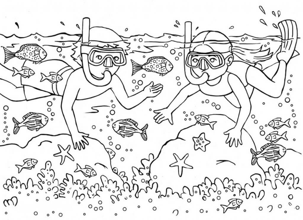Dvě Děti Plavání v Moři omalovánka