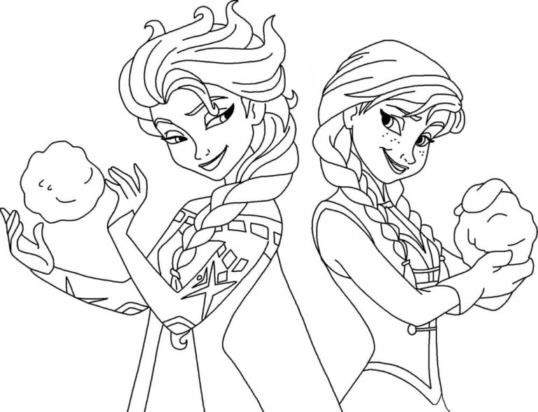 Anna a Elsa si hrají se sněhovými koulemi omalovánka