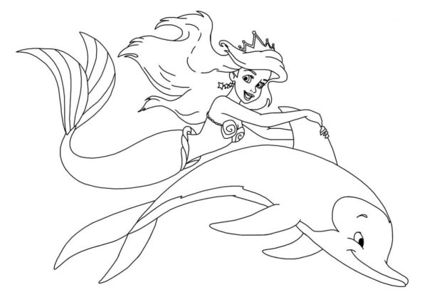 Omalovánka Ariel jezdí na delfínovi.