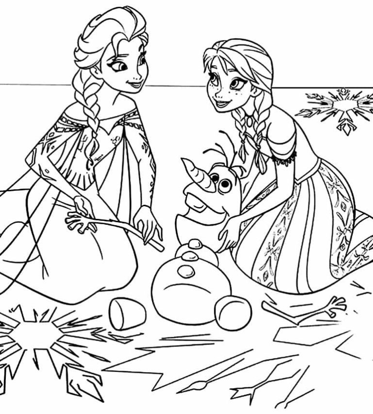 Elsa a Anna pomáhají Olafovi. omalovánka