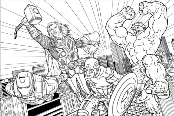 Omalovánka Iron Man, Thor, Captain America a Hulk zachraňují město.