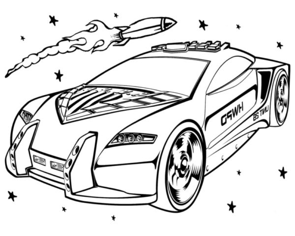 Policejní auto letí mezi hvězdami a vyhýbá se raketě omalovánka
