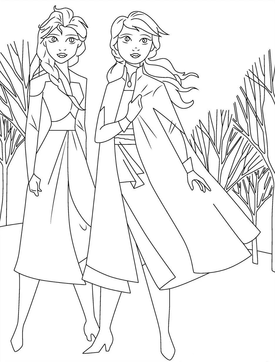 Anna a Elsa v lese omalovánka
