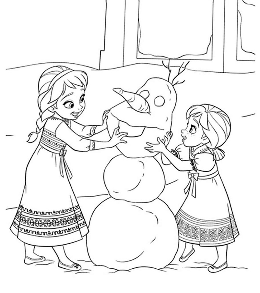 Anna a Elsa vyrábějí sněhuláka omalovánka