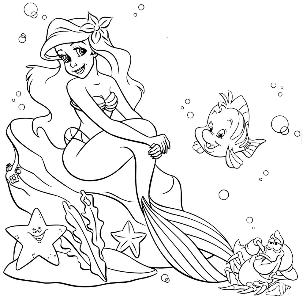 Ariel s Flounder a Sebastian omalovánka