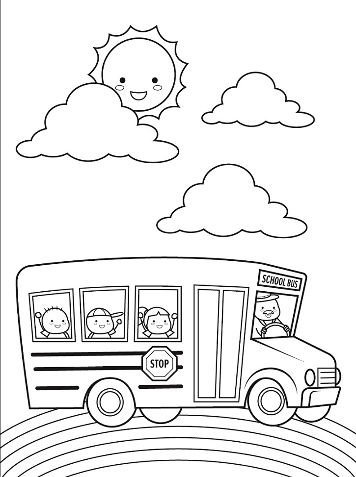 Školní autobus na silnici omalovánka