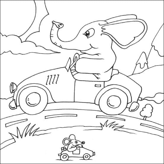 Slon a myši jedou autem omalovánka