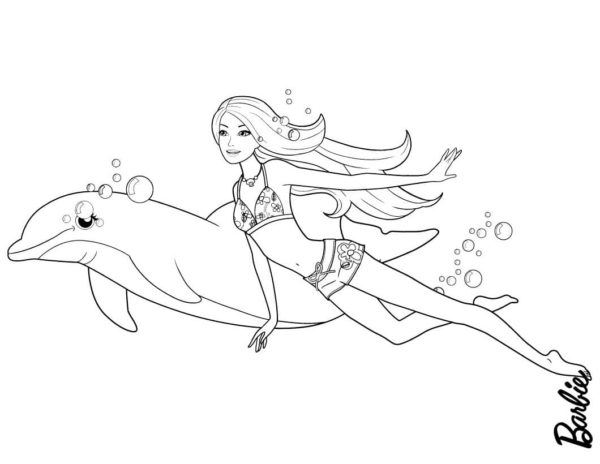 Omalovánka Barbie plave pod vodou s delfínem