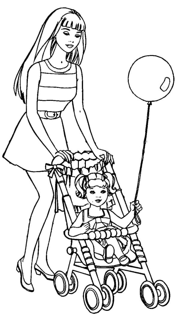 Omalovánka Barbie se prochází s dítětem v kočárku.