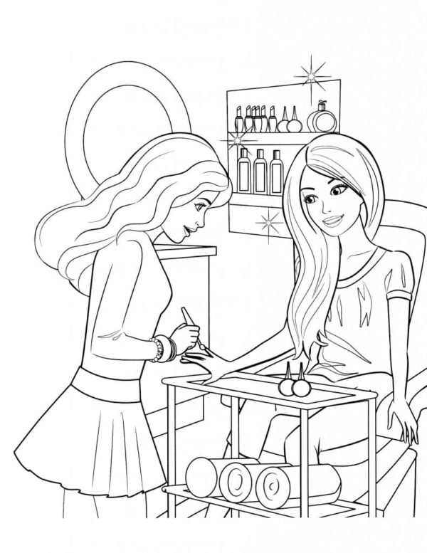 Omalovánka Barbie si nechává nalakovat nehty v kosmetickém salonu.