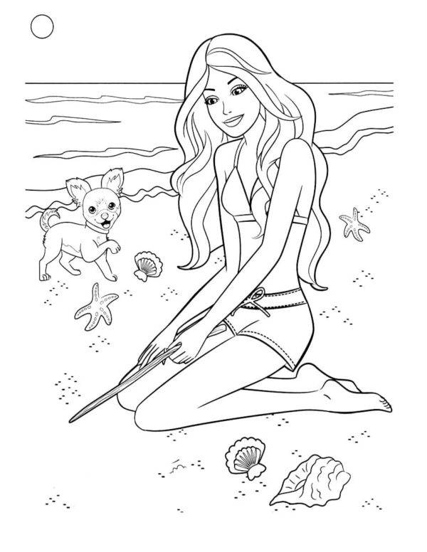Omalovánka Odpočívá na pláži se svým oblíbeným psem.