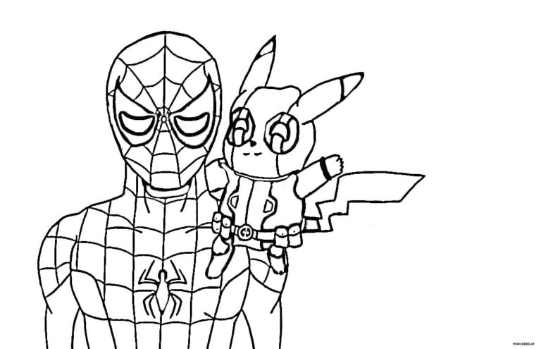 Pikachu oblečený jako Deadpool je připraven zachránit svět pomocí Spider-Mana omalovánka